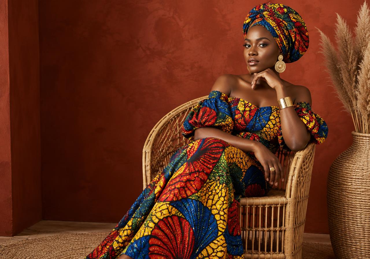 Femme assise dans un fauteuil en rotin, vêtue d'une robe en wax multicolore