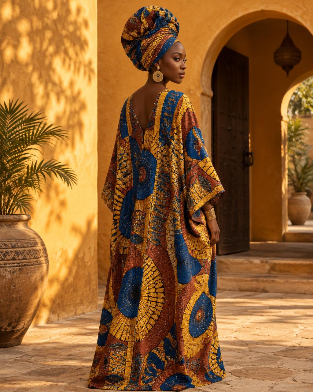 Femme vêtue d'un long caftan en wax bleu et ocre dans une cour ensoleillée