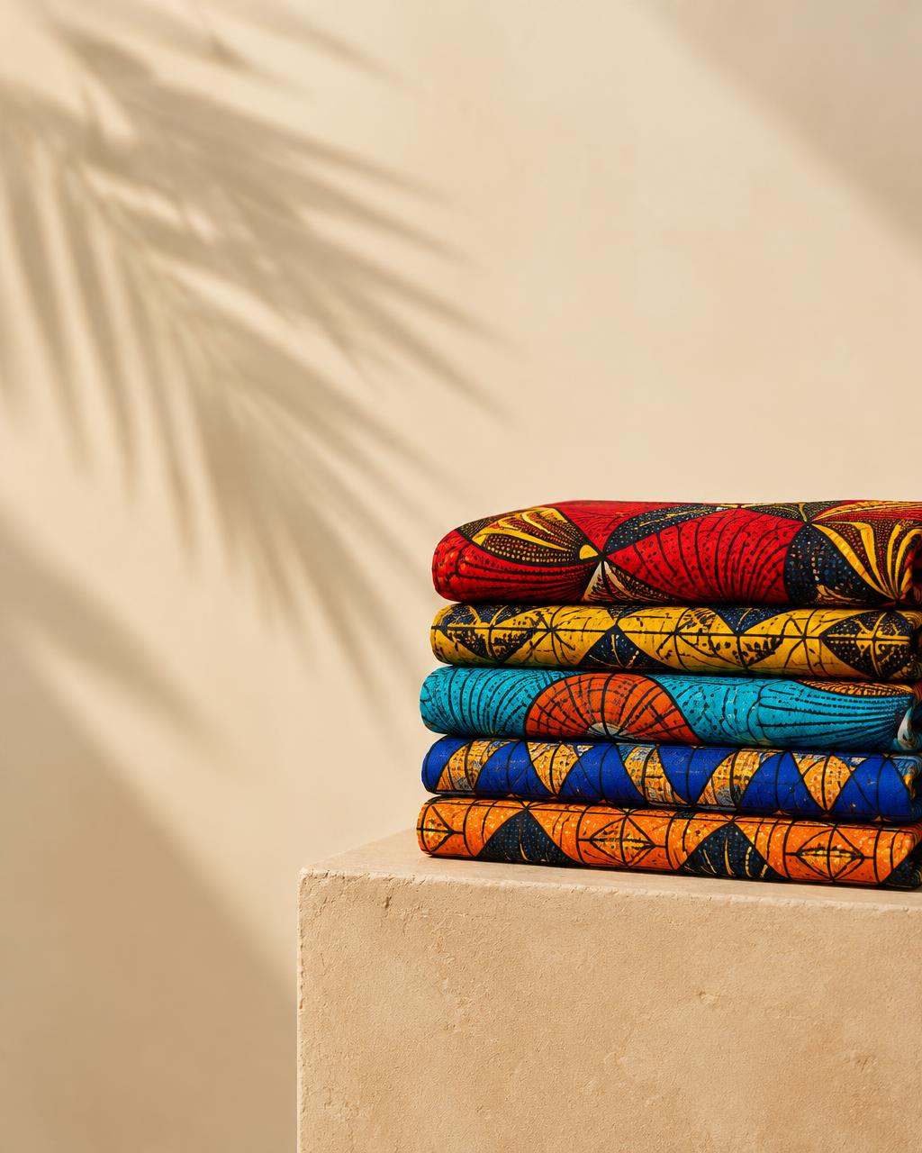 Pile de tissus wax aux motifs colorés sur un socle beige